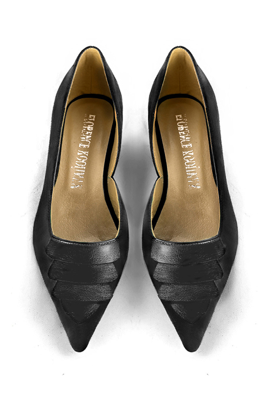 Women's matt black and satin black elegant open arch pumps. Pointed toe. Flat flare heels - Top view